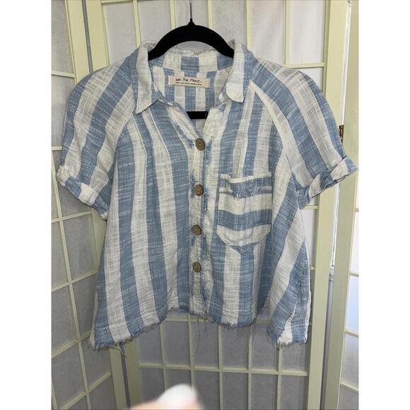 We the Free Classic Boho‎ Beach Gauze Cropped Fringe Striped Button Blouse Small - Picture 3 of 15